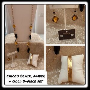 Chico’s Black, Amber & Gold Necklace, dangle earrings and hammered bracelet